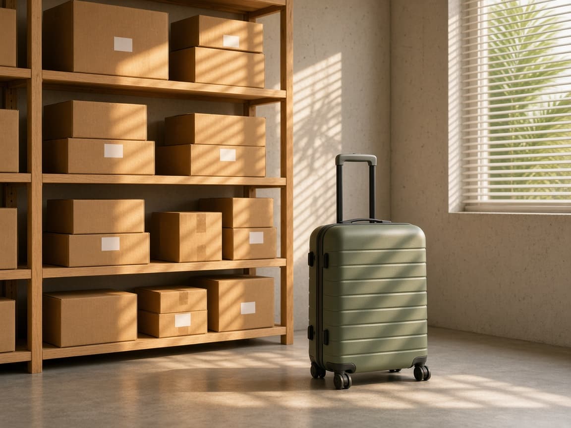 Encomendas organizadas em prateleiras de um depósito em Orlando, com uma mala de viagem ao lado.